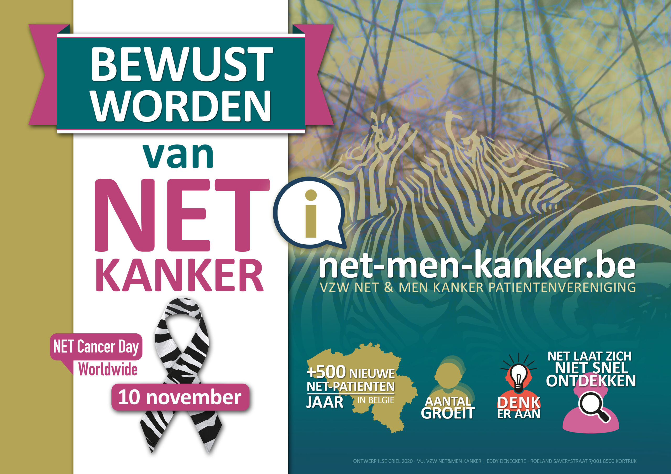 Affiche 'BEWUST WORDEN VAN NET' naar aanleiding van World NET cancer Day op 10 november